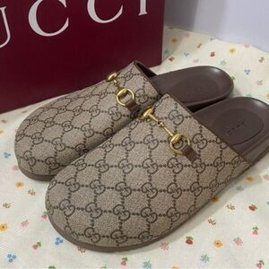 Gucci Beige and Brown Slip-On Mules with Gold Accents